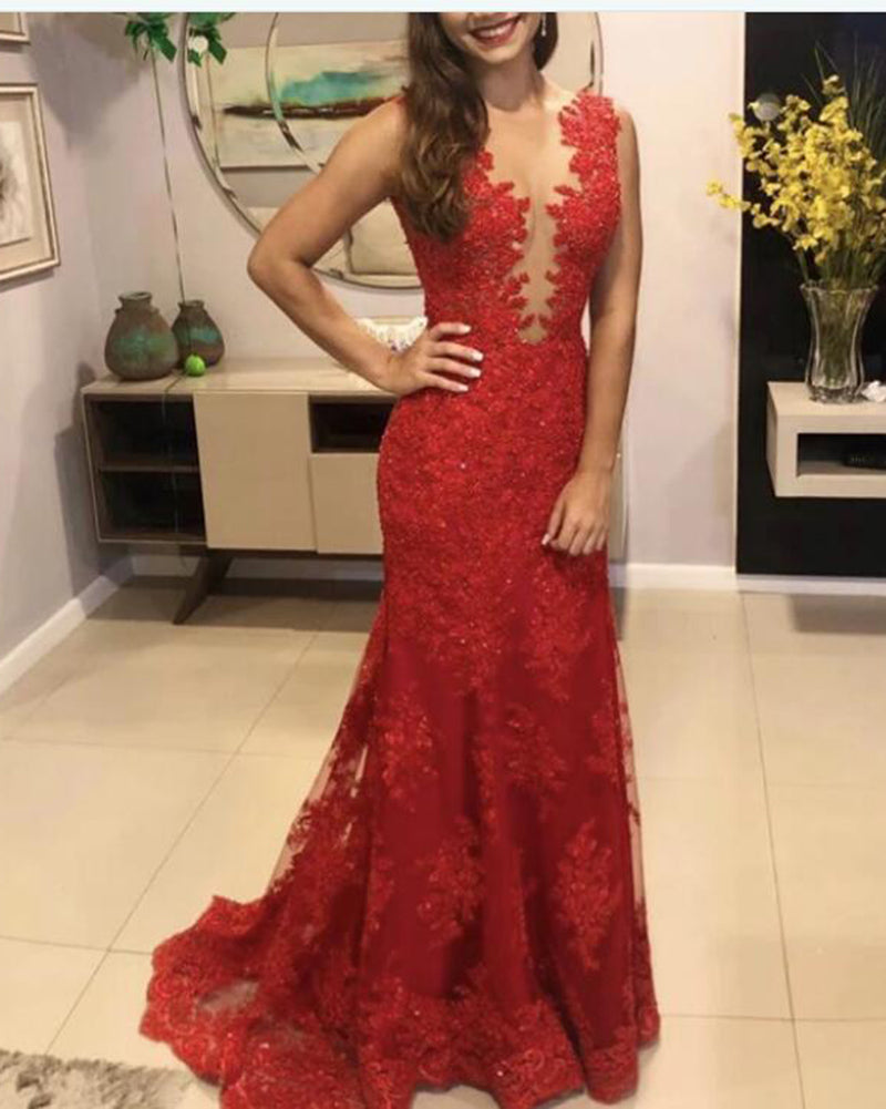 Royal Blue/Red Lace Mermaid Evening Dress Long Women Prom Wedding Party Gown PL0606