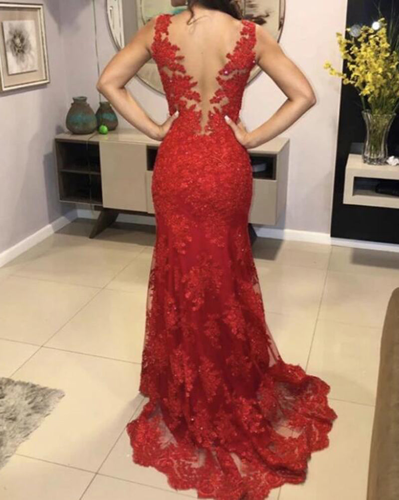 Royal Blue/Red Lace Mermaid Evening Dress Long Women Prom Wedding Party Gown PL0606