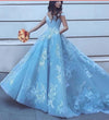 Dreamy Custom made Floral Lace A Line Wedding Dresses Princess Off the Shoulder Sky Blue Girls Formal prom Gown LP5580