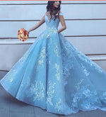 Dreamy Custom made Floral Lace A Line Wedding Dresses Princess Off the Shoulder Sky Blue Girls Formal prom Gown LP5580