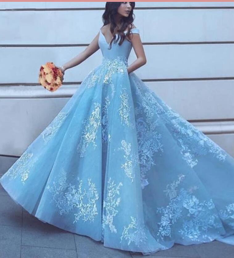 Dreamy Custom made Floral Lace A Line Wedding Dresses Princess Off the Shoulder Sky Blue Girls Formal prom Gown LP5580