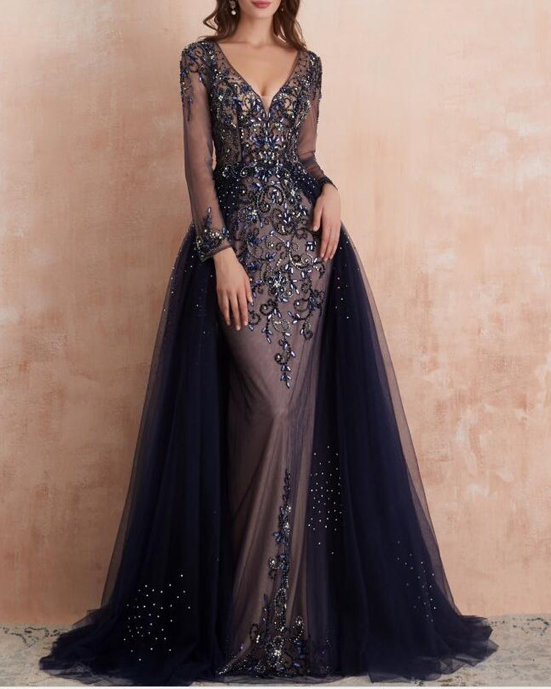 Vintage V Neck Gray/Navy  Women Formal Party Gowns Beading Long Evening Dress with Sleeves PL0617