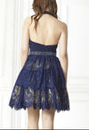 Fancy Navy Blue Halter Lace Short Prom Cocktail Dress Short Homecoming Girls Graduation Gown SP0618