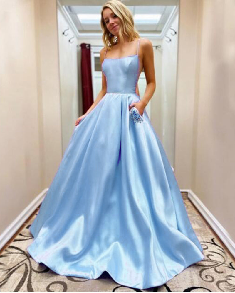 Beautiful Baby Blue A Line Satin Long Prom Dress Vestido De Casamento with Pocket LP06191