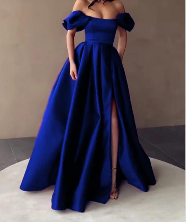 Satin A Line Emerald Green Poofy Short Sleeves Long Prom Evening Gown PL08042