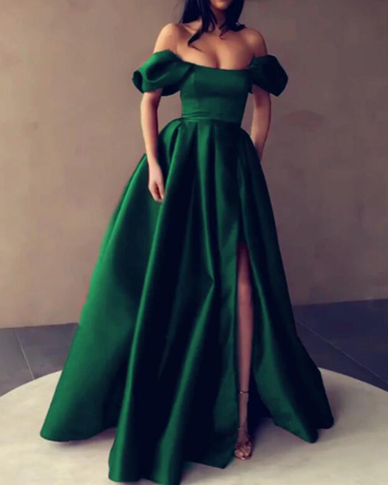 Satin A Line Emerald Green Poofy Short Sleeves Long Prom Evening Gown PL08042