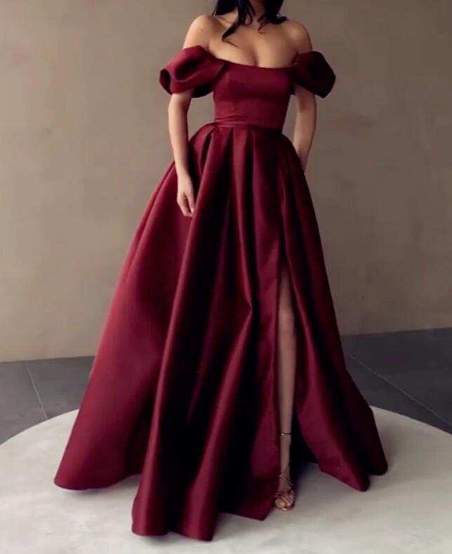 Satin A Line Emerald Green Poofy Short Sleeves Long Prom Evening Gown PL08042