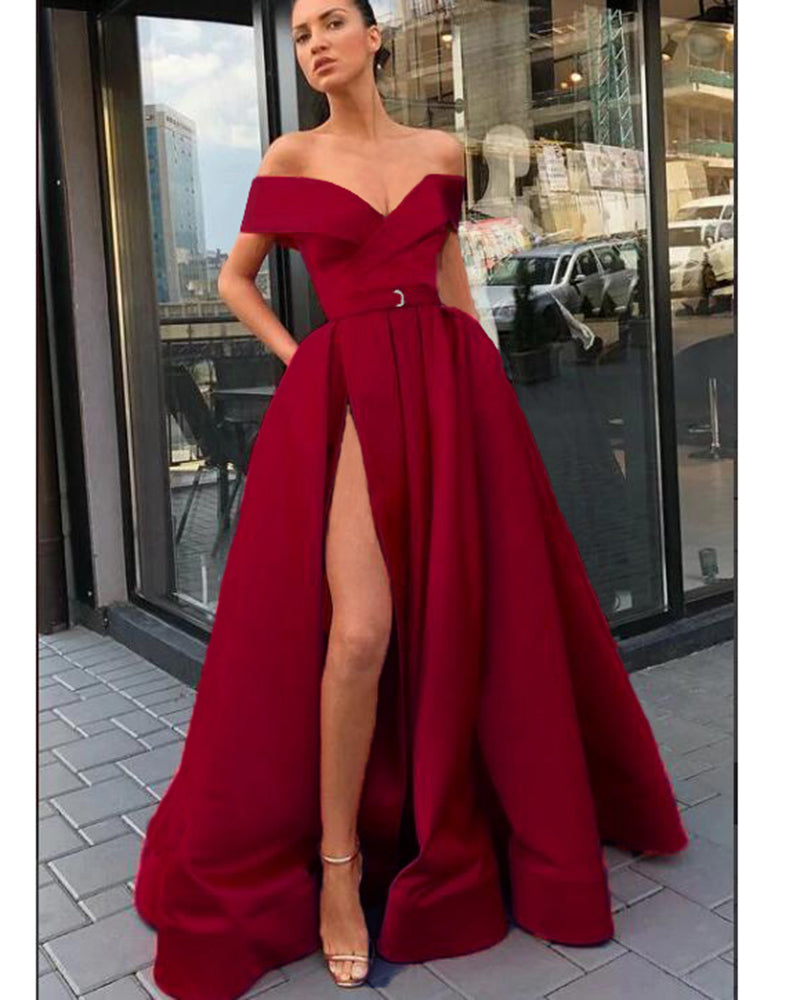 Dark Red A Line Satin High Slit Long Burgundy Prom Dresses Evening Gown With Pocket ,Vestido De Fiesta 2022 LP0620
