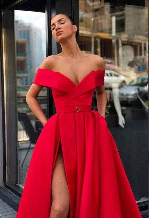 Dark Red A Line Satin High Slit Long Burgundy Prom Dresses Evening Gown With Pocket ,Vestido De Fiesta 2022 LP0620