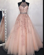 Fancy Lace Long Formal Party Gown Halter Blush Pink Prom Dress Rhinestone Belt  Robe De Soiree PL06221