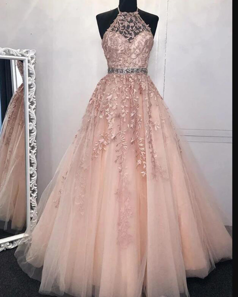 Fancy Lace Long Formal Party Gown Halter Blush Pink Prom Dress Rhinestone Belt  Robe De Soiree PL06221