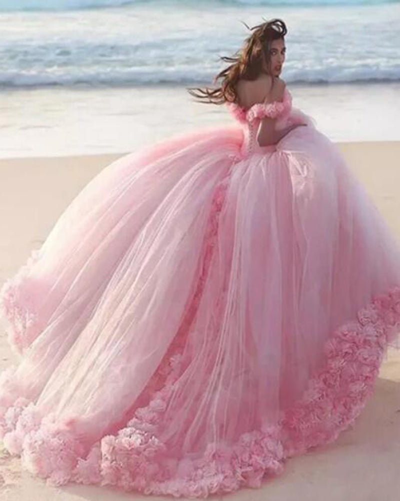 Romantic Poofy Pink Floral Wedding Dresses Off the Shoulder Ball Gown Quinceanera Dress WD5569
