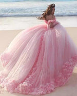 Romantic Poofy Pink Floral Wedding Dresses Off the Shoulder Ball Gown Quinceanera Dress WD5569