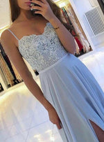 Flowing Chiffon Spaghetti Straps lace  Applique Long Party Dress Blue Prom Dress Gown PL06291