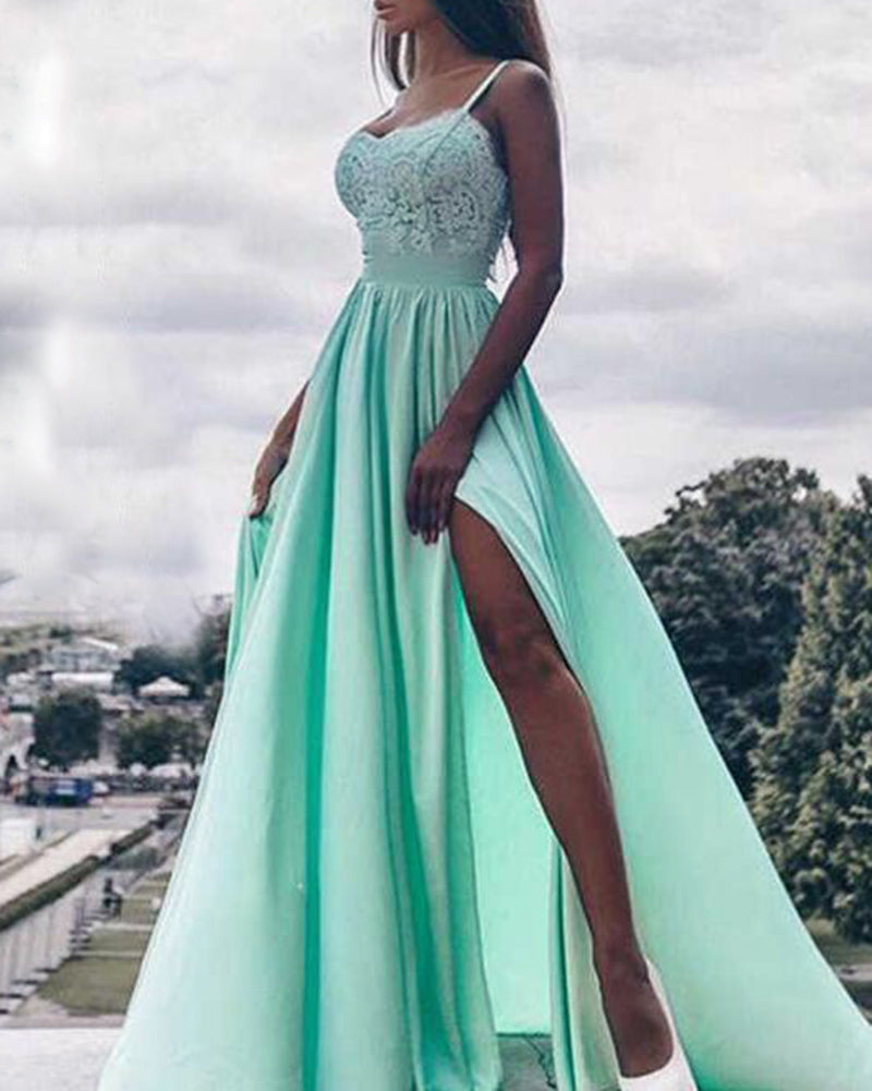 Elegant Lilac /Blue Lace Satin A Line Slit Leg Girls Debutante Ball Dress with Straps ,Long Evening Gown, Prom Party Dress, PL06301