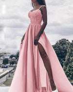 Elegant Lilac /Blue Lace Satin A Line Slit Leg Girls Debutante Ball Dress with Straps ,Long Evening Gown, Prom Party Dress, PL06301