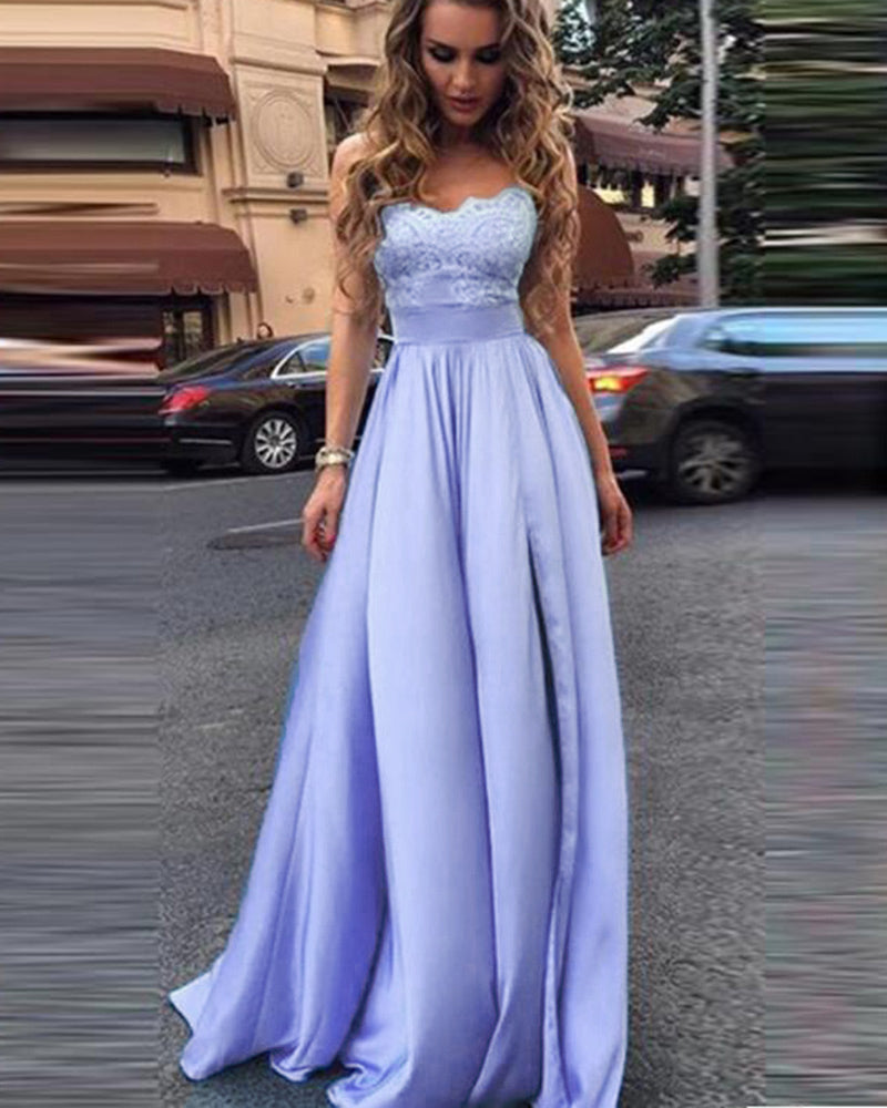 Elegant Lilac /Blue Lace Satin A Line Slit Leg Girls Debutante Ball Dress with Straps ,Long Evening Gown, Prom Party Dress, PL06301