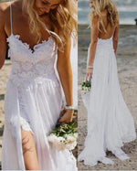 Sexy Flowing Chiffon Lace Slits Lace Boho Bridal Dress White Beach Wedding Dress WD0701