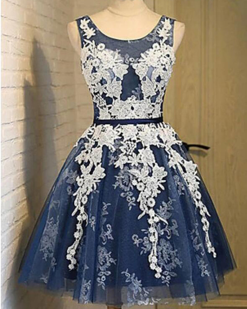 Cute Navy Short Homecoming Dress with Ivory Lace Teens Short Party Gowns SP0630