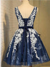 Cute Navy Short Homecoming Dress with Ivory Lace Teens Short Party Gowns SP0630