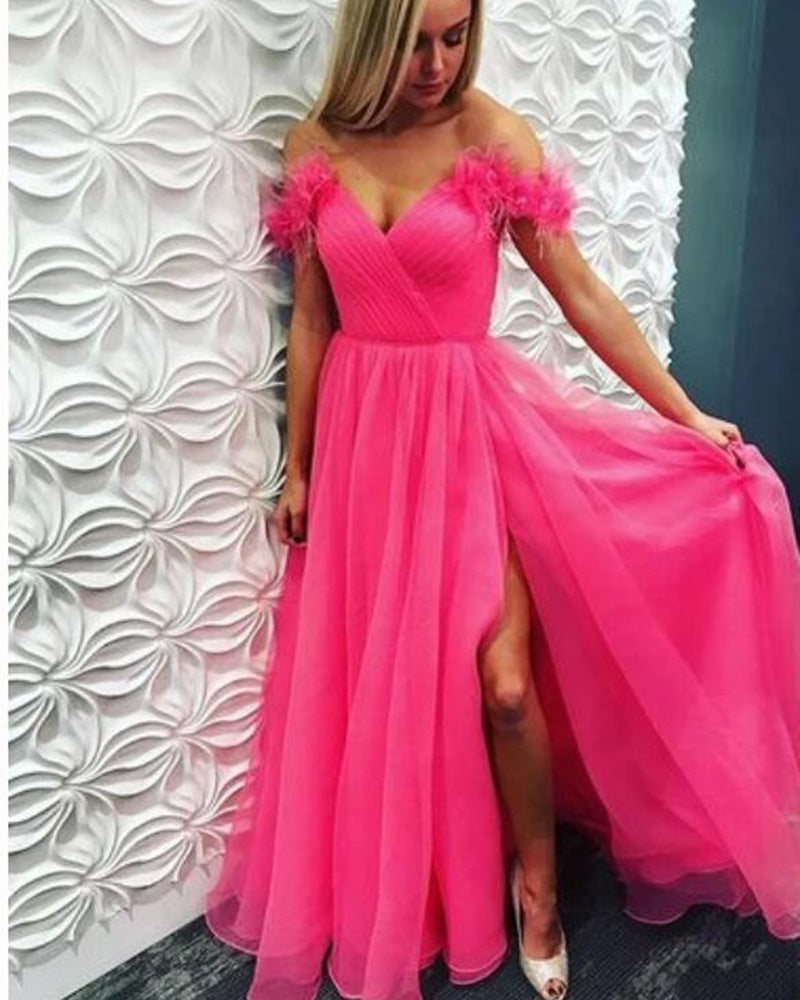 Off Shoulder Feather Fuchsia Hot Pink Prom Dress Long with Slit PL07104