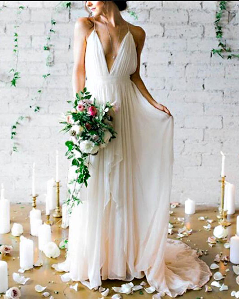 Simple Sexy Plunge V Neck Spaghetti Beach wedding Gown Summer Bridal Dresses Vestido De Novias