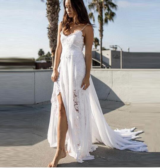 Sexy Flowing Chiffon Lace Slits Lace Boho Bridal Dress White Beach Wedding Dress WD0701