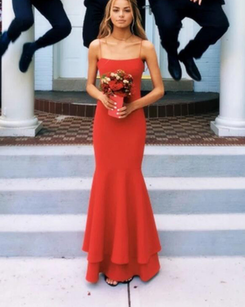 Elegant Orange Red Coquelicot Fitted Long Evening Dress Formal Wedding Party Gown