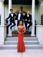Elegant Orange Red Coquelicot Fitted Long Evening Dress Formal Wedding Party Gown