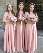 Short Sleeves Lace A Line Maternity Long Modest Bridesmaid Dress Wedding Evening Party Gown BL0705