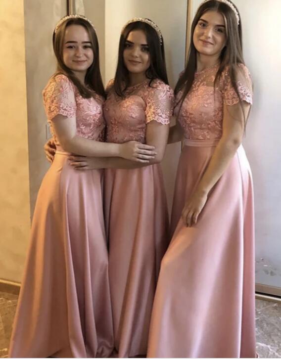 Short Sleeves Lace A Line Maternity Long Modest Bridesmaid Dress Wedding Evening Party Gown BL0705