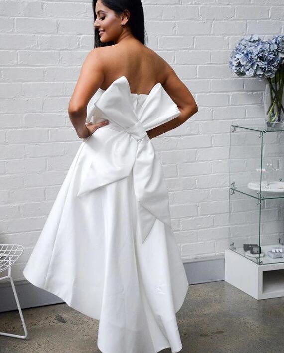 Satin A Line Strapless Pink High Low  hi-lo Bridesmaid Dress for Women Wedding party Gown PL0828