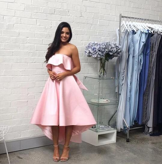 Satin A Line Strapless Pink High Low  hi-lo Bridesmaid Dress for Women Wedding party Gown PL0828