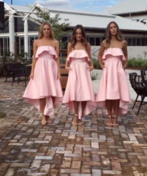Satin A Line Strapless Pink High Low  hi-lo Bridesmaid Dress for Women Wedding party Gown PL0828