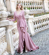 Ruched Vintage Fitted Dusty Pink V Neck Long Sleeve Evening Dresses PL07131