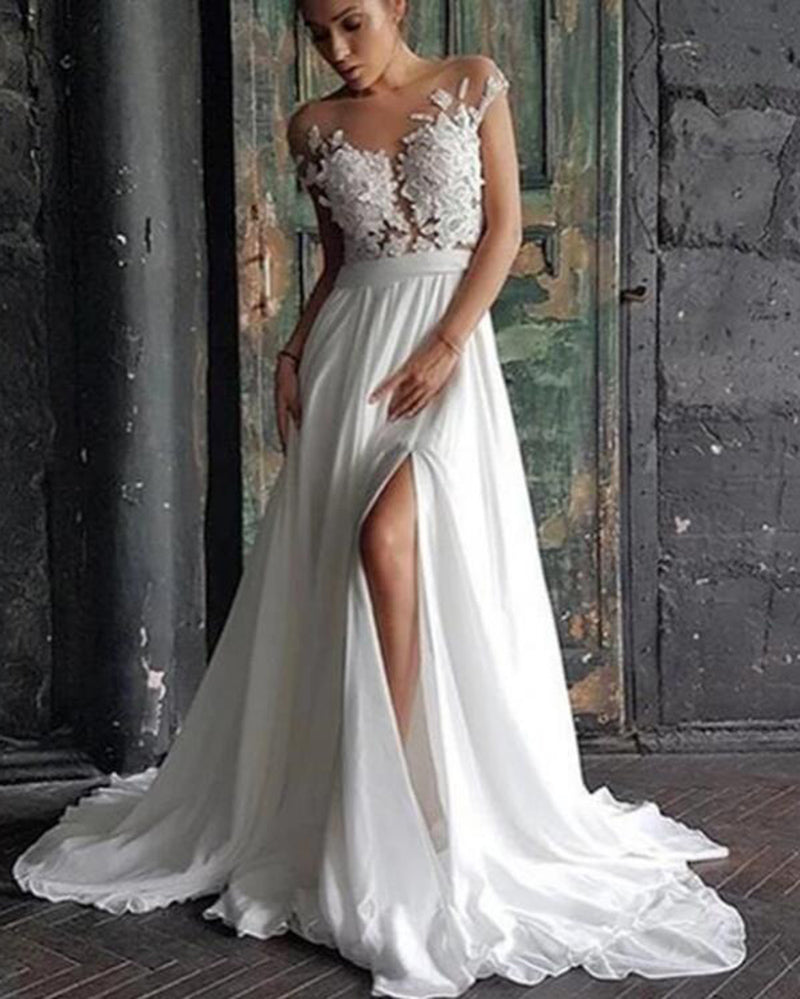 Ivory Lace Nude Mesh Chiffon Summer Bridal Wedding Dress with Slit WD0 Siaoryne Ivory Lace Nude Mesh Chiffon Summer Bridal Wedding Dress with Slit WD0 Siaoryne