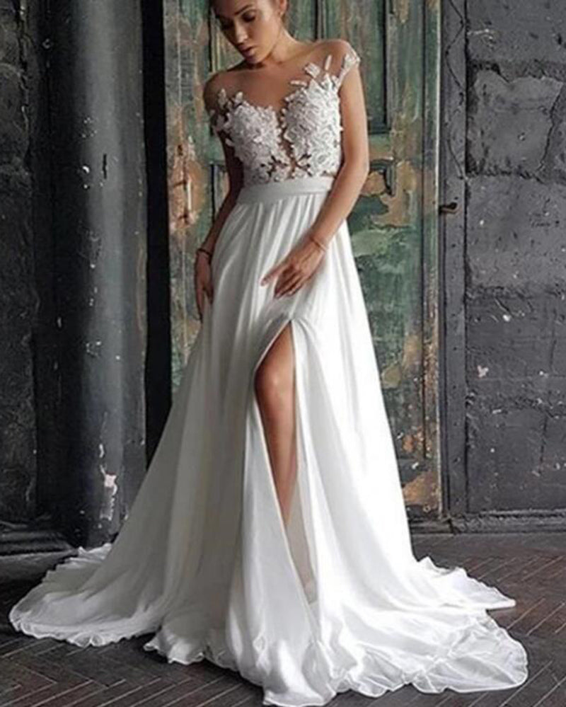 Ivory Lace Nude Mesh Chiffon Summer Bridal Wedding Dress with Slit WD0714