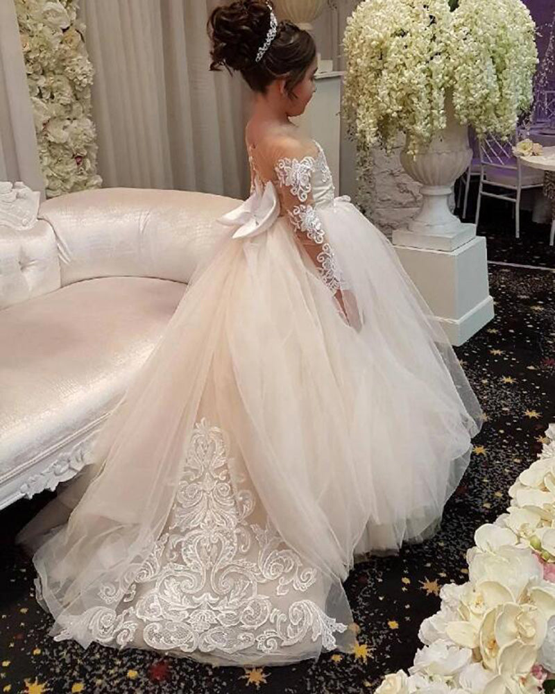 Nude/Ivory Ball Gown Lace Flower Girls Dress,Wedding Dress for Little Girl Long Sleeves FG0720