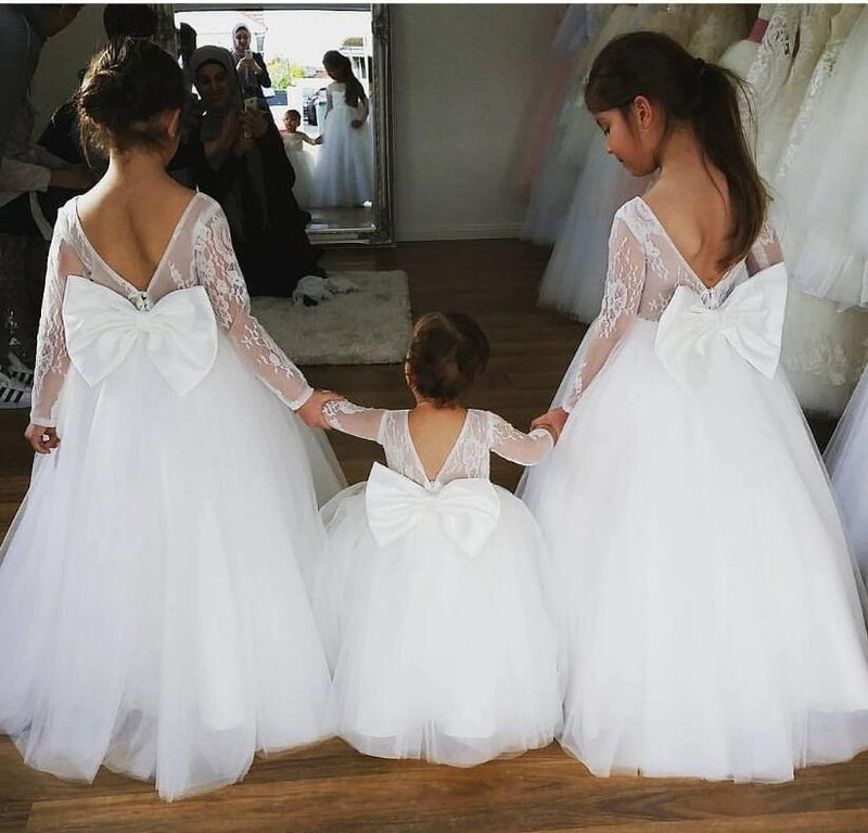 Cute Vintage Long Sleeves Ball Gown Flower Girl Dress Little Girls Wedding Dress for Child with Bow FG0810