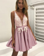 Cute V Neck Lace Gray Short Prom Gown Junior Graduation Homecoming Party Dresses for Girls SP1118