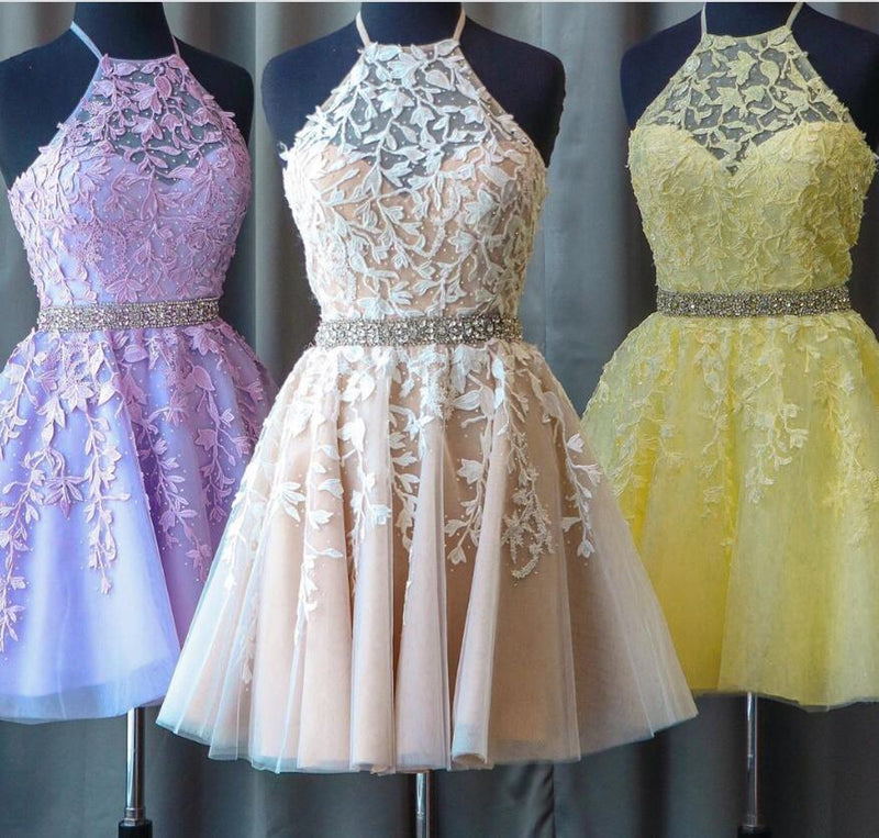 Ivory /Nude Lace Halter Short Prom Dress ,Cocktail Homecoming Gown for Junior Girls SP0804