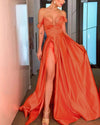 Bright Orange carrot red Off the Shoulder Satin Long Evening Party Dress ,Formal Gowns with Slit PL07315