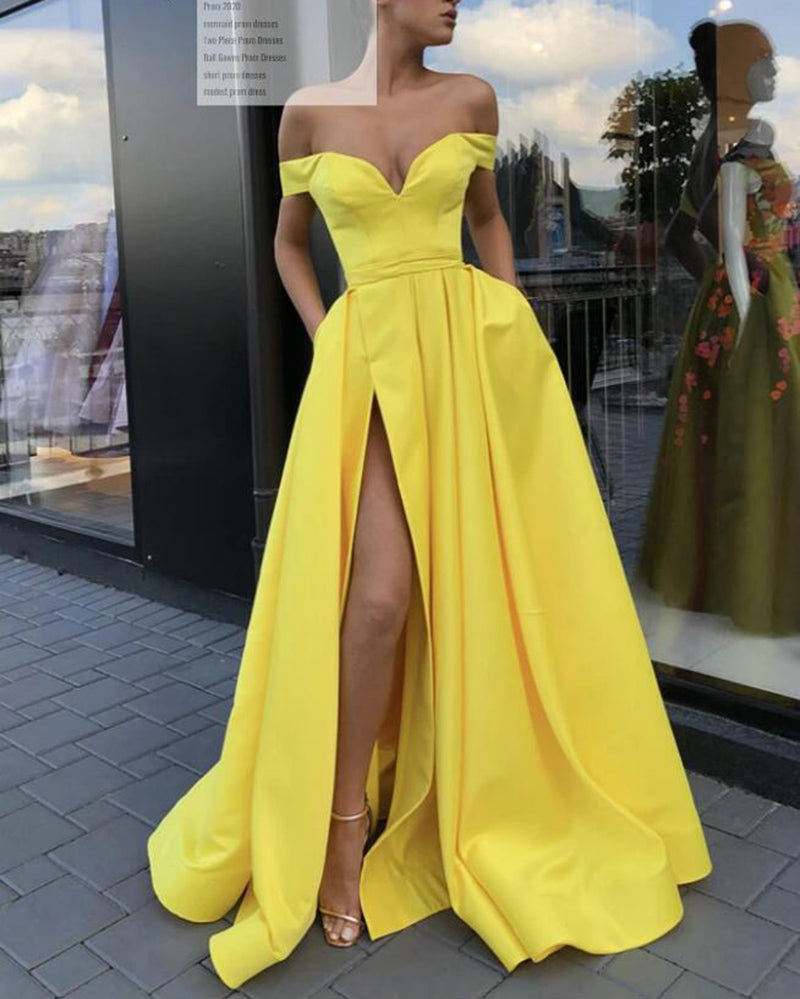 Bright  Lemon Yellow Prom Dress ,Long Off Shoulder Formal Dress Gown with Slit PL0731