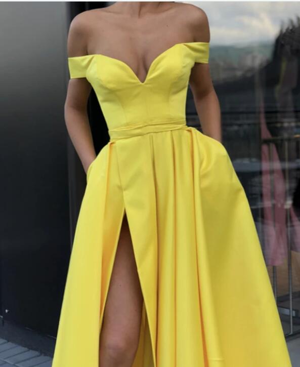 Bright Lemon Yellow Prom Dress ,Long Off Shoulder Formal Dress Gown wi