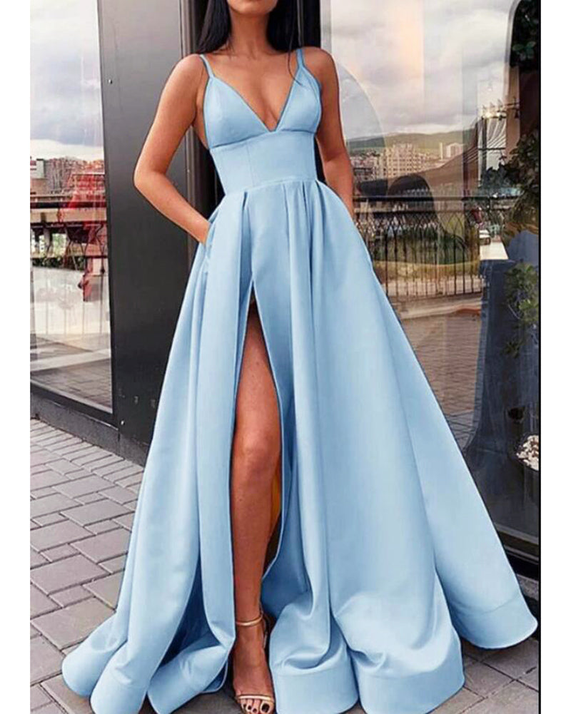 Elegant A Line  Satin Baby Blue Prom Dress 2022 with Straps Ball Dress PL0808