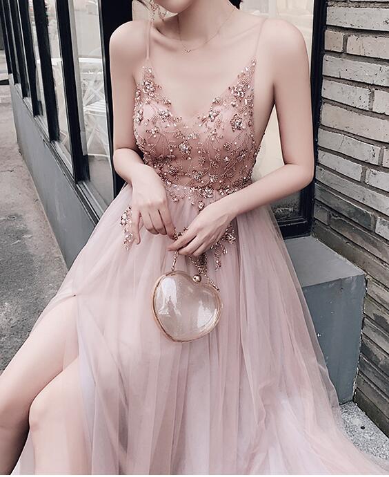 Nice V Neck Beading Tulle Pink Long Graduation Dress Prom for Girls PL08084