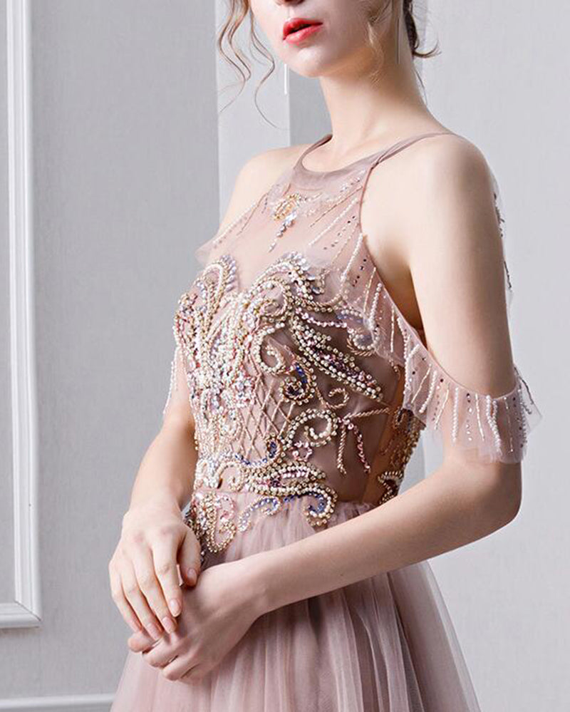 Amazing Beaded Halter Cold Off the Shoulder Pink Prom Dresses Gown Graduation Long Dress PL08085