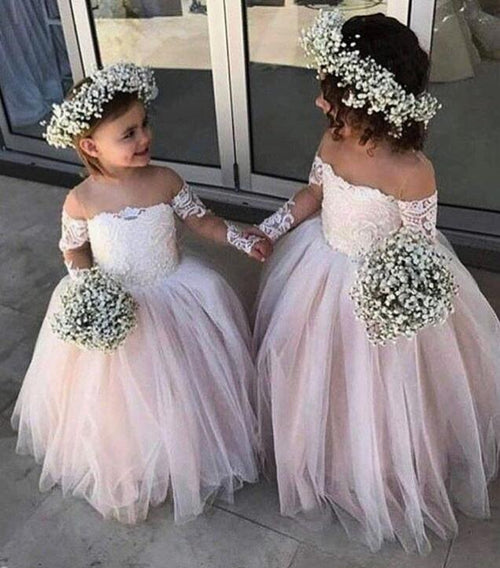 Vintage Long Sleeves lace Tulle Flower Girl Dresses little Girls Child Party Dresses