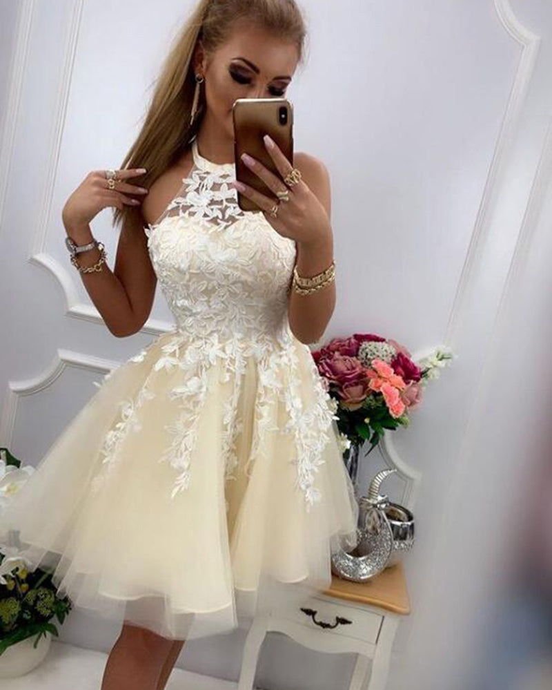 Vestido de fiesta corto con cuello halter para adolescentes, vestido de fiesta de encaje beige/marfil para niñas para graduación SP08124 