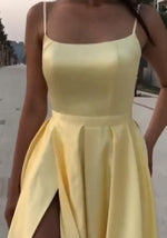 Spaghetti Straps Sexy Slit Formal Wedding Party Gown A Line Satin Yellow Prom Long Dress PL08092